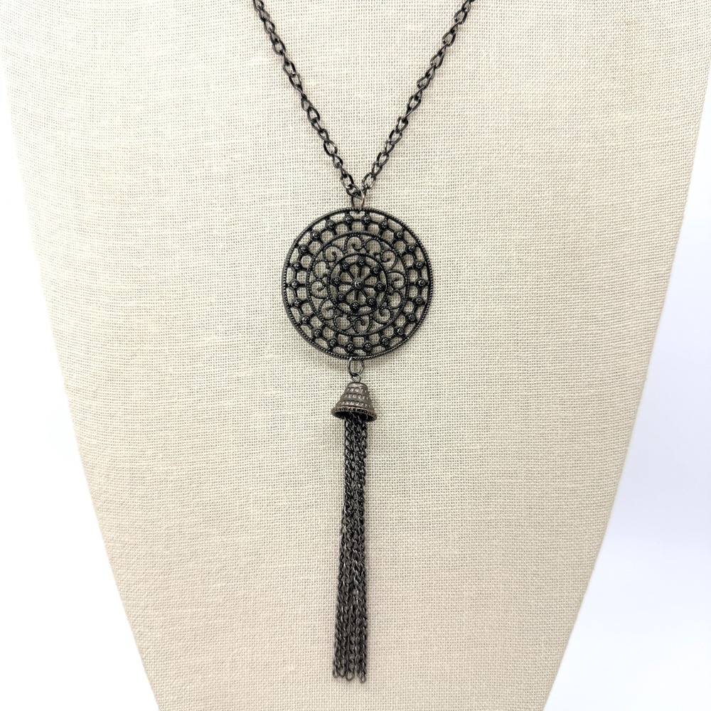 Vintage Gunmetal Gray Filigree Medallion Tassel Pendant Necklace